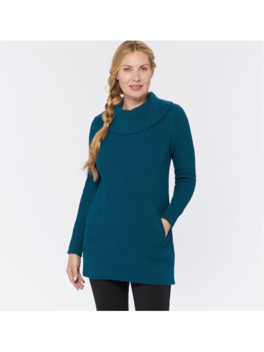 Duluth Trading Co Womens Medium Heritage Cowl Neck Tunic Sweater Blue Knit EUC